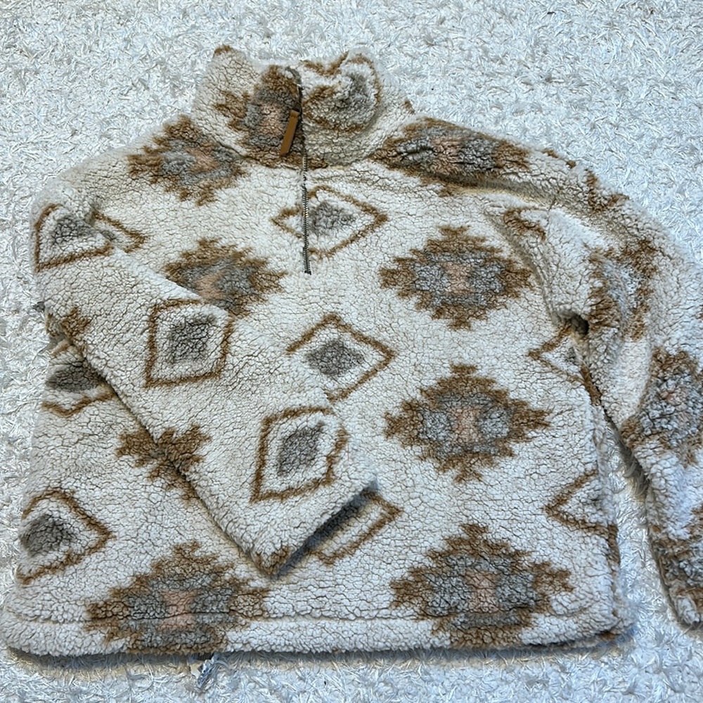 Thread & Supply Cream Sherpa Pullover with Brown & Gray Aztec Print